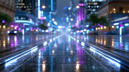 Obraz premium Futuristic City Street at Night with Neon Lights and Wet Reflections
