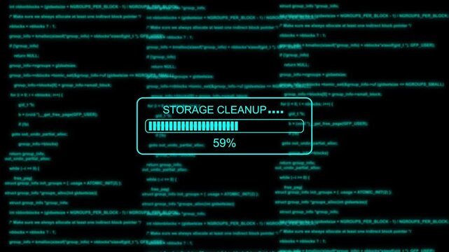 Storage cleanup progress bar with glitch digital code background, data processing and system optimization concept