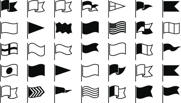 National country flag and pennant black silhouette line icon set with pole waving standard nautical maritime map navigation marker vectors.