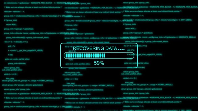 Digital data recovery progress bar with glitch effect and scrolling source code background programming