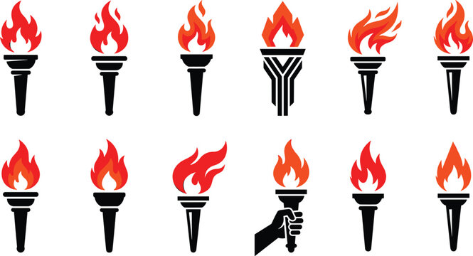 Flaming torch vector illustration icon set with red and orange fire blaze championship award hand holding olympic game elements collection.