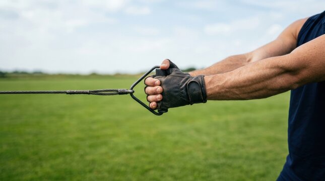 Hammer thrower start spin, man lifting barbell outdoors in green field