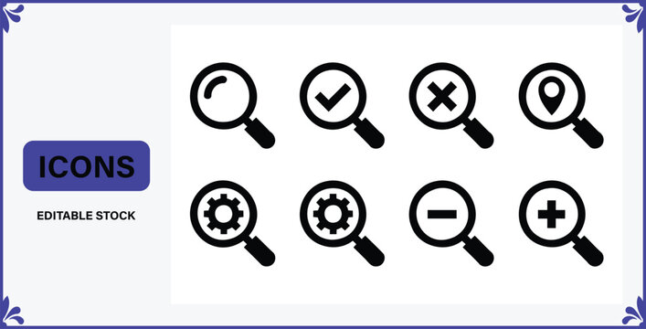 Eight black magnifying glass icons with various symbols on white background with blue border