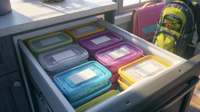 Open kitchen drawer filled with colorful meal prep containers for school ,back to school photo