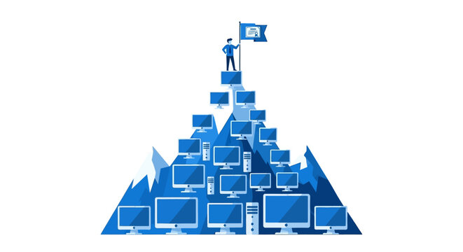 Business Professional Reaching Success Peak with Certification Flag on Mountain of Computers