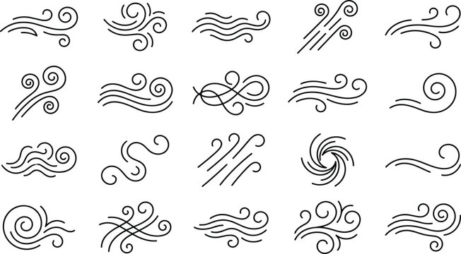 Wind blow gust line art icon set with weather breeze air spiral wave and swirl typographic flourish graphic elements vector illustration.