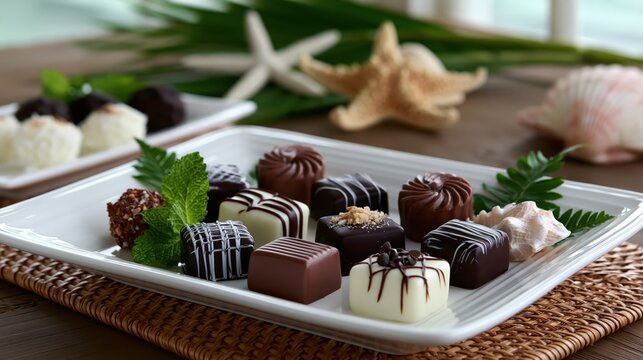 Gourmet chocolates arranged on a white platter with tropical decor during soft daylight