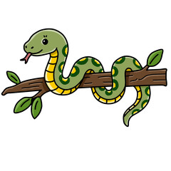 Obraz premium Little green snake resting on a tree branch cartoon vector