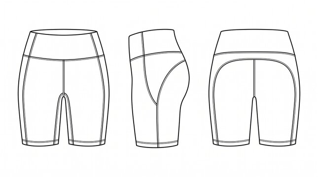 Women's High Waisted Biker Shorts Technical Fashion Sketch, Front Side and Back View Flat Drawing Template for Activewear Design