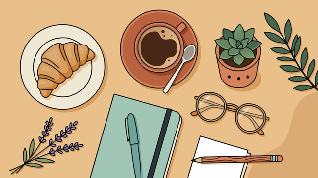 Cozy flat lay composition featuring fresh croissant steaming coffee cup notebook pen glasses succulent plant and lavender on warm beige background lifestyle food vector illustration perfect for