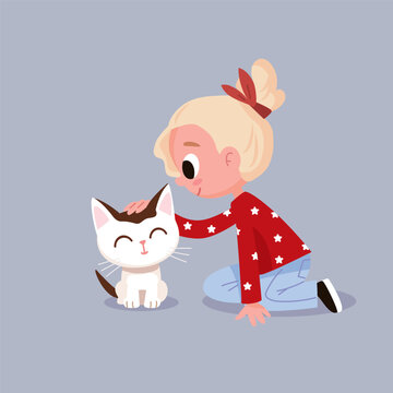 Little blonde girl petting, cuddle his kitten sitting on floor. Girl is wearing a red blouse, shirt and jeans. Vector flat illustration.	