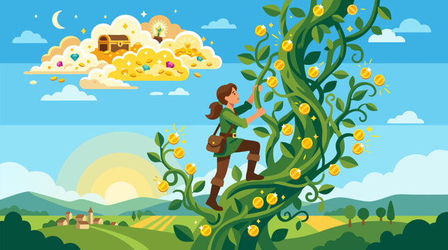 Adventurous woman climbing giant magical beanstalk covered in glowing golden coins reaching sparkling treasure cloud with chest jewels under starry night sky over rural landscape at sunset fantasy
