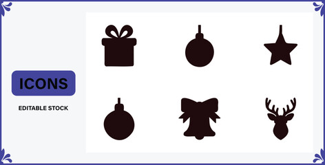 Collection of Christmas icons including gift box star ornament bell reindeer head bow  editable stock © Badsha Mollik