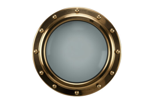 Brass porthole with circular glass on transparent background, nautical ship window, marine submarine portal