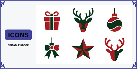 Christmas icons set with gift bow star reindeer head ornament  festive holiday symbols © Badsha Mollik