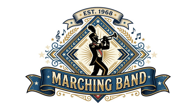 Vintage illustration of marching band musicians playing brass instruments with est 1968 emblem design with evoking sense tradition celebration 1968