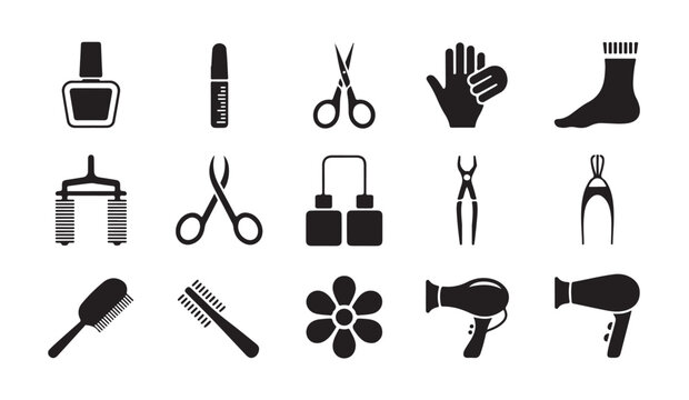 Beauty and personal care items vector icons, nail polish, mascara, scissors, hair dryer.