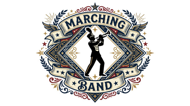 Vintage illustration of musician leading marching band with ornate decorative border with laurel accents nostalgic color palette silhouette musician conducting