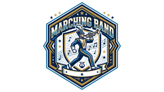 Vibrant marching band emblem featuring musicians in dynamic performance pose with musical notes with intricate decorative borders vibrant blue
