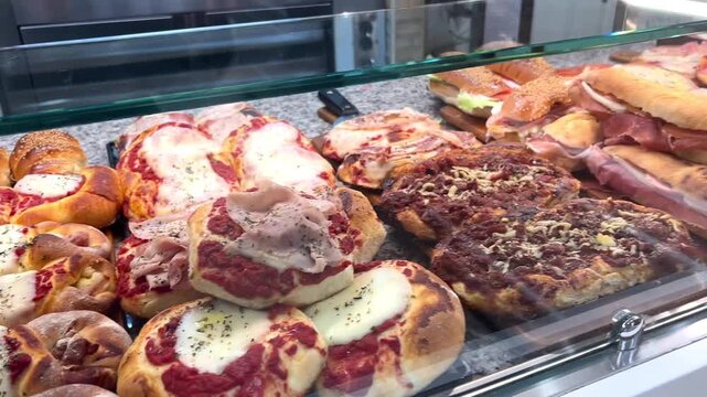 Sicily typical street food vendor window bar counter display with pizzas and traditional authentic panini, Palermo, Sicily, Italy.