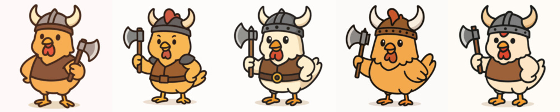 Set of vector illustrations of a chicken dressed as a Viking and armed with weapons.