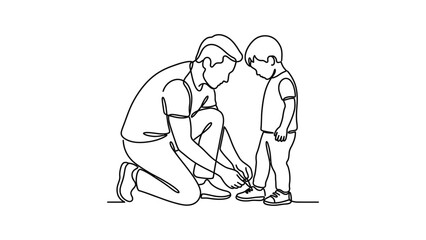 Obraz premium Father tying childs shoelaces simple line art illustration