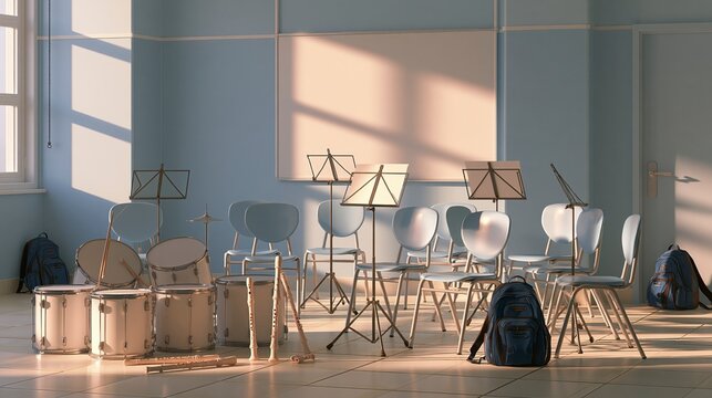 Empty music classroom with drums and chairs at sunset ,back to school photo