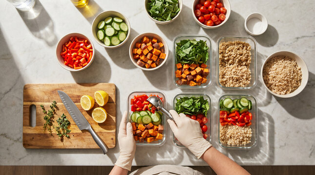 Fresh Meal Prep Counter With Vegetables Grains And Hands In Action