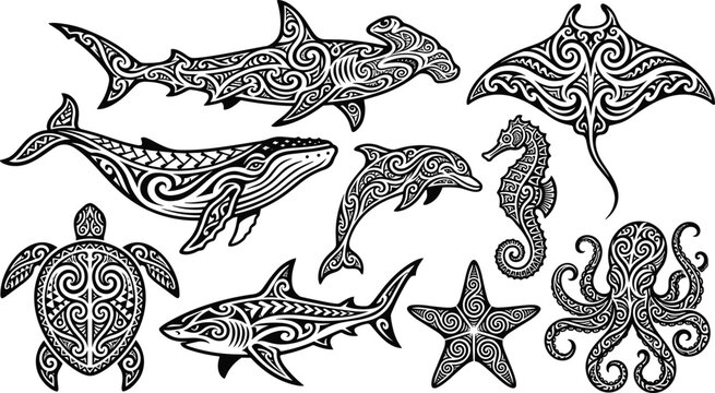 Tribal polynesian sea animals vector illustration silhouette set featuring turtle shark whale dolphin manta ray and octopus tattoo elements.