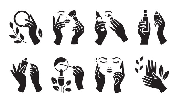 Cosmetic application hands set for makeup and beauty routine isolated on white.