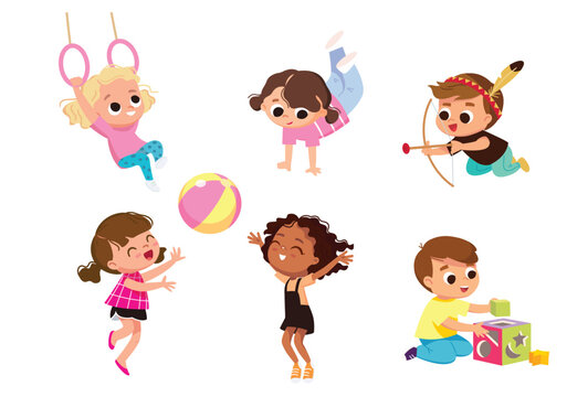 Set group collection of vector cute babies kids characters playing, doing activities in different various poses. Children jump, move having fun in fine mood