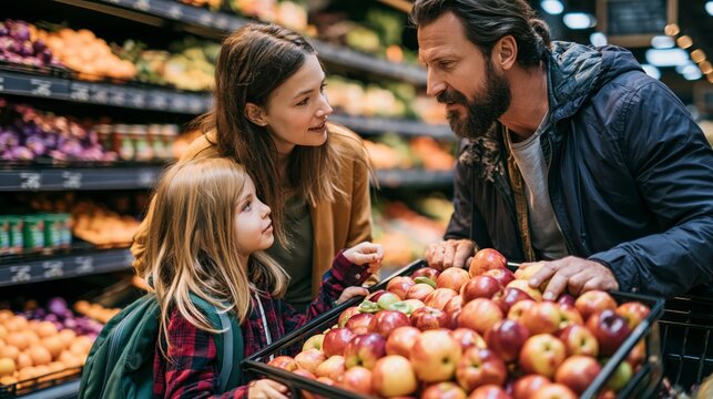 Father and son shopping for fresh fruits in a grocery store aisle ,back to school photo