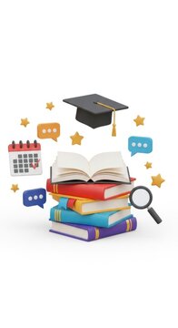 Education icons, books, graduation cap, learning
