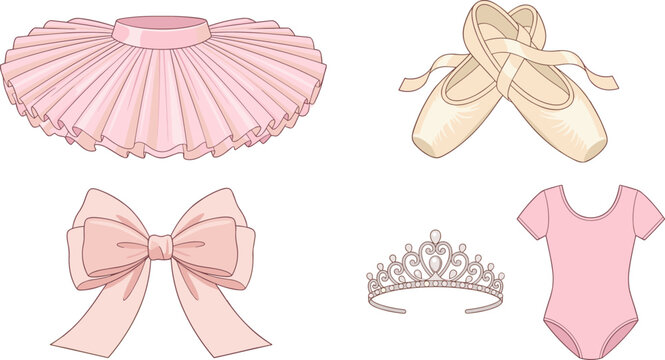 Ballet dance elements vector set with pink tutu skirt pointe shoes leotard elegant tiara crown and big ribbon bow isolated