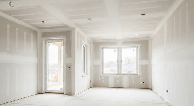 Interior of a new residential house under construction with installed drywall and plastered joints in a room.