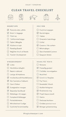 Fototapeta premium A comprehensive clean travel checklist with items categorized for packing, accommodation, and general travel preparation.
