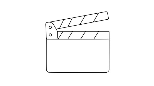 A clean black and white line art vector icon of a film clapperboard, suitable for video production companies, streaming platforms, or media agency logos with minimalist hand-drawn style.