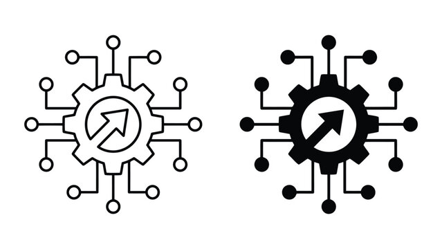 Digital technology network gear and connectivity process icon set with hardware