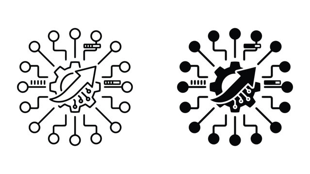 Business growth and digital technology process integration icon set