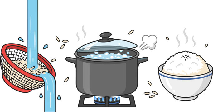 Cooking rice steps vector illustration set showing rinsing in colander boiling in pot on gas stove and serving hot bowl
