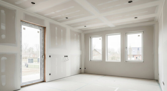 Unfinished interior of a residential room under construction with taped drywall walls and large glass windows