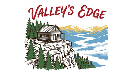 Obraz premium Vintage Valley's Edge log cabin mountain landscape illustration on cliff side for t-shirt design print, outdoor adventure apparel, and streetwear merchandise