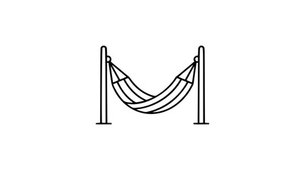 A clean black and white line art vector icon of a hammock suspended between trees, ideal for travel and leisure promotions, vacation rental branding, outdoor lifestyle products, or relaxation themed d © MAKSUDA