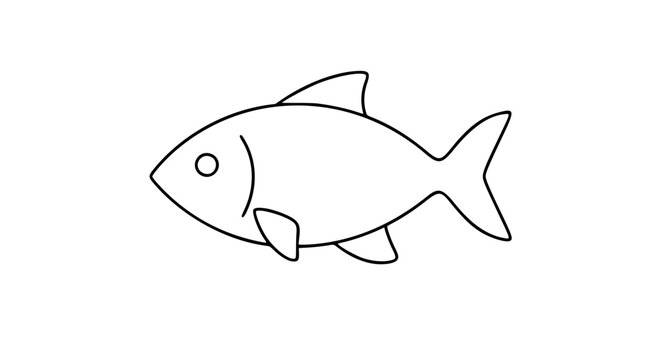 Clean black and white line art vector icon of a fish swimming in profile, perfect for seafood menus, fishing apps, marine biology educational materials, or aquatic brand identity designs.