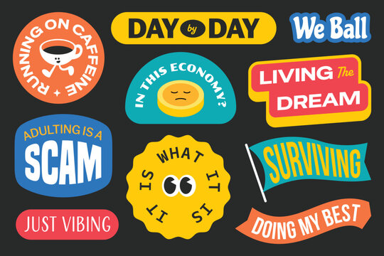 Colorful trendy stickers with phrases internet slang y2k style.