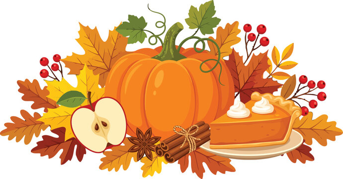 Autumn harvest composition with pumpkin slice of pie apple cinnamon and colorful fall foliage vector illustration