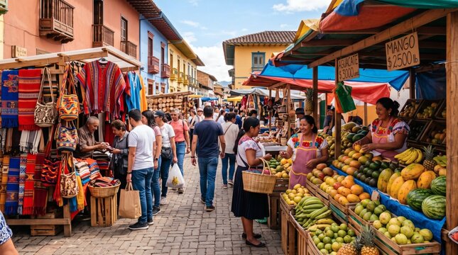 A vibrant outdoor market in a historic town with people browsing stalls selling traditional crafts and fresh produce under a bright sky.