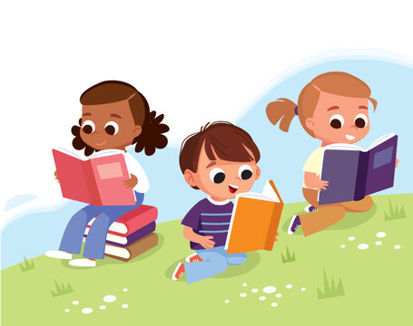 Some children reading a books sitting on lawn, outdoors. kids are captivated by reading. A child seats on pile of books. Little kids are reading and dreaming. Homework reading. 