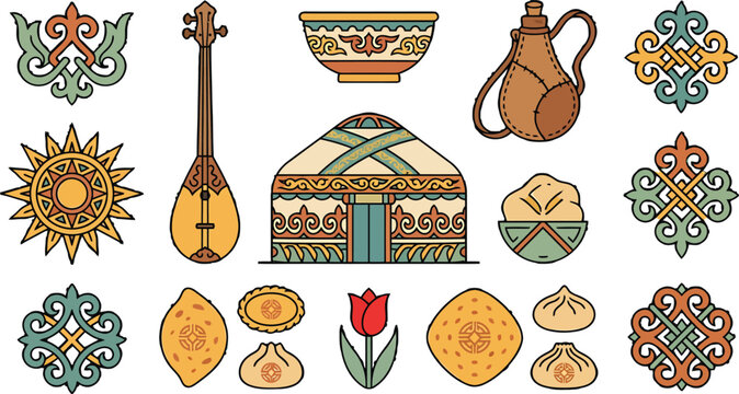 Central Asian nomadic culture elements set with traditional yurt musical instrument food and decorative ethnic ornaments vector