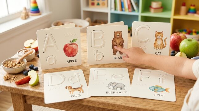 Child learning alphabet with animal flashcards
